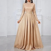 ieftine șampanie-Rochie de seară tip A-Line rochie elegantă pentru petrecere rochie formală de gală cu lungime până la podea cu mânecă lungă cu gât rigid curea/sasch din amestec de bumbac cu spate cowl cu butoane