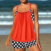 abordables Maillots une pièce et tankinis-Femme Tankini Maillot De Bain Deux Pièces Bretelles Croisées Maillots de Bain Tache Maillots de Bain Noir Rouge Respirable Séchage rapide Poids Léger Sans Manches - Natation Surf Plage Eté Printemps