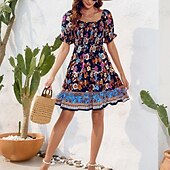 preiswerte Ausgefallene Kleider-Damen Minikleid Casual kleid Sommerkleid Boho-Kleid Elegant Stilvoll Laternenärmel Urlaub Täglich Verabredung Regular Fit Blumen Kurzarm Quadratischer Ausschnitt Schwarz Rosa Blau Sommer