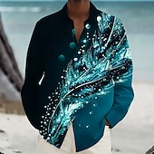 preiswerte Bedruckte Herrenhemden-Herren Feder Hawaiihemd Sommerhemd Knopfhemd Aloha-Shirt Langarm Hawaiianisch Urlaub Frühling Herbst Umlegekragen Knopf hoch Violett Blau Grün Pfauenblau