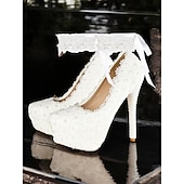 cheap Platform Pumps-Women's White Lace and Pearl Embellished High Heel Platform Wedding Shoes with Ribbon Anklets for Bridal and Formal Ceremonies