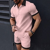 cheap Men&#039;s Tee Sets-Men&#039;s T-shirt Suits 2 Pieces Outfits Tee &amp; Shorts Short Sleeve Lapel Summer Plain Fashion Casual Patchwork 2 Piece Jacquard Vacation Daily Wear Going out Black White Pink Top Tee for Men