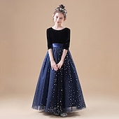 baratos Vestidos floridos-Vestido para Meninas das Flores Crianças Para Meninas Vestido de princesa Espetáculo Casamento Festa Elegante Lindo Com Transparência Gradiente Meia Manga Decote V Preto Azul 4 anos +