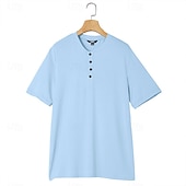 cheap Casual Henley Tee-Men&#039;s Henley Shirt Short Sleeve Shirt Ribbed Knit tee Tee Top Short Sleeve Solid Color Daily Hawaiian Buttons Henley Outdoor Street Causal Summer Light Blue White Brown Henley T-Shirt