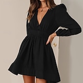 ieftine Rochie neagră casual-Pentru femei Rochie Mini Rochie casual Rochie A line Stilat Casual Vacanță Zilnic Dată Fit regulat Simplu Manșon Lung În V Negru Roz Îmbujorat Albastru piscină Portocaliu Vară