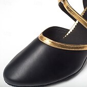 preiswerte Lateinamerikanische Schuhe-schwarze und goldene Tanzschuhe mit gekreuzten Riemchen und niedrigem Absatz für Damen – bequeme Standard- und lateinamerikanische Tanzbekleidung