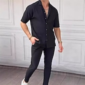 cheap Men&#039;s Basic Shirts Sets-Men&#039;s 2 Piece Shirt Set Matching Sets Casual Shirt Corduroy Shirt Button Up Shirt Plain Street Daily Black Short Sleeve Collar Spring &amp; Summer Clothing Apparel