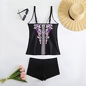 billiga One Pieces &amp; Tankinis-Dam Tankini Tvådelad baddräkt V-ringad Badkläder Badkläder Svart Purpur Andningsfunktion Snabb tork Lättvikt Ärmlös - Simmning Surfing Strand Sommar Vår Plusstorlekar