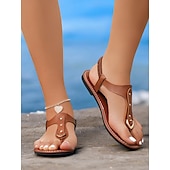 billige Uformelle sandaler-brune, flate sandaler i imitert skinn for kvinner med gullaksent og t-stroppdesign – behagelig og stilig for strand-, ferie- og fritidsklær