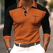 cheap Men&#039;s Vintage Polo-Men&#039;s Faith Polo Shirts Golf Shirt Long Sleeve Polo Shirts Collared Shirts WorkWear Formal Wear Festival Wear Buttons 3D Print Fall &amp; Winter Blue Purple Orange