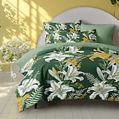 baratos 100% algodão-Conjunto de edredom de 3 peças com estampa de lírio branco, para quarto de hotel, quarto de hóspedes, conjunto confortável, 1 capa de edredom, 2 fronhas