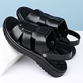 billiga Avslappnade sandaler-svarta sandaler i konstläder för män - sommarskor med öppen tå med korsbandsdesign och bekväm sula för fritidskläder