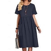 economico abiti stampati in cotone e lino-Per donna Abito Midi Abito Lungo Maxi Abito Abiti in cotone e lino Elegante Essenziale Casual Vacanza Feste Lavoro Vestibilità regolare Semplice Manica Corta Girocollo Rosa Marrone chiaro Cachi Blu