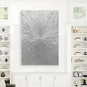 economico Quadri natura morta-raggi d&#039;argento astratto spesso dipinto a olio originale dipinto a parete soggiorno arte verticale pittura minimalista argento su tela