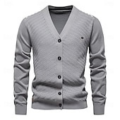 billige Herre Elite Hettegensere &amp; Sweatshirts-Herre Cardigan Genser Kofte Riflet Strikke Vanlige topper Knepp opp Knapp ned Helfarge V-hals Strikketøy Mote Arbeid Avslappet Klær Vår &amp; Vinter Navyblå Beige S M L