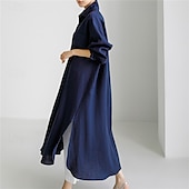 preiswerte Kleider-Damen Langes Kleid Maxikleid Leinen-inspirierte Kleider Hemdblusenkleid Freizeitkleid Baumwoll-Leinenkleid Stilvoll Lässig Urlaub Täglich Date Normale Passform Einfach Langarm Revers Schwarz