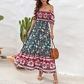 olcso Bohém ruhák-Női Hosszú ruha Maxi ruha hétköznapi ruha A vonalú ruha nyári ruha Boho ruha Elegáns Stílusos Etno Vakáció Napi Randi Normál Virágos Rövid ujjú Aszimmetrikus Világoszöld Rubin Medence Lóhere Nyár