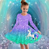 tanie Sukienka 3D Jednorożec-Dziewczyny &#039; 3D Graficzny Jednorożec Sukienka Długi rękaw Lato Wiosna Urlop Codzienny Święto Księżniczka Piękny Słodkie Dzieci 4-12 lat Codzienne sukienki Sukienka A line Do kolan Regularny