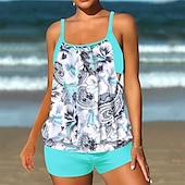 billiga One Pieces &amp; Tankinis-Dam Tankini Tvådelad baddräkt Brottarrygg Badkläder Blommig Badkläder Svart Blå Andningsfunktion Snabb tork Lättvikt Ärmlös - Simmning Surfing Strand Sommar Vår