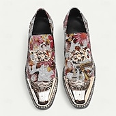 baratos Sapatos Sociais Elementares-mocassins masculinos de couro com estampa floral – sapatos sociais slip-on de couro bovino premium com corrente de metal e biqueira brilhante para festas e ocasiões formais