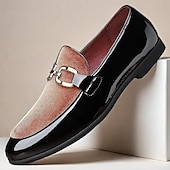 levne Poloformální-pánské luxusní červené sametové a černé lakované mokasíny – stylové slip-on společenské boty s kovovou přezkou na svatby a formální události