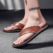 abordables Sandalias de vestir-Chanclas vintage de piel sintética marrón para hombre: sandalias de verano con punta abierta hechas a mano con suela antideslizante para playa, viajes y uso informal