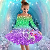 billiga Enhörningsklänning i 3D-Flickor 3D Grafisk Enhörnings Klänning Långärmad Sommar Vår Semester Dagligen Helgdag Prinsessa Skön Ljuv Barn 4-12 år Vardagsklänning A linjeklänning Knälång Normal