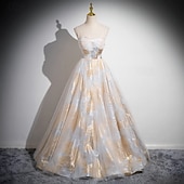 cheap Prom Dresses-Floral Gold Ball Gown A-Line Prom Dresses Vintage Dress Formal Masquerade Floor Length Sleeveless Spaghetti Strap Tulle with Glitter Wedding Guest Dress