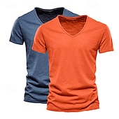 cheap Cotton Linen T-shirts-Men&#039;s T Shirt Tee Top Short Sleeves V Neck Summer Plain Fashion Designer Basic Vacation Street Going out White+Black White and Blue Orange / Green Top Tee for Men