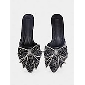 abordables Ballerines femme-mules plates noires à strass et nœud – parfaites pour les fêtes et les mariages