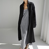 preiswerte Kleider-Damen Langes Kleid Maxikleid Leinen-inspirierte Kleider Hemdblusenkleid Freizeitkleid Baumwoll-Leinenkleid Stilvoll Lässig Urlaub Täglich Date Normale Passform Einfach Langarm Revers Schwarz