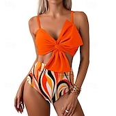 abordables Maillots une pièce et tankinis-Femme Tankini Maillot De Bain Deux Pièces V Profond Bretelles Croisées Maillots de Bain Floral Maillots de Bain Jaune foncé Noir / Blanc Respirable Séchage rapide Poids Léger Sans Manches - Natation