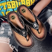 abordables Sandalias de vestir-Chanclas vintage de piel sintética marrón para hombre: sandalias de verano con punta abierta hechas a mano con suela antideslizante para playa, viajes y uso informal