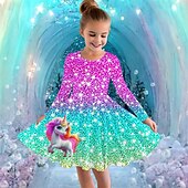 preiswerte 3D Einhorn Kleid-Mädchen&#039; 3D Graphic Einhorn Kleid Langarm Sommer Frühling Urlaub Täglich Festtage Prinzessin Schön Süß kinderkleidung 4-12 Jahre Casual kleid A Linie Kleid Knielang Regular Fit