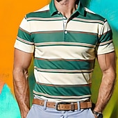 cheap Men's Rugby Polo-Men's Stripes Rugby Polo Shirts Short Sleeve Polo Shirts Lapel 3D Print Modern Comfortable Work Casual Sports Holiday Buttons Summer Spring Red Green