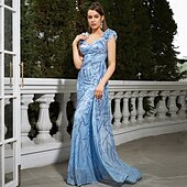 preiswerte BLAU-Trompete / Meerjungfrau Abendkleider Glänzend Kleid Formal Hochzeit Boden-Länge Ärmellos V Ausschnitt Chiffon mit Glitzer Schulterblume 2025