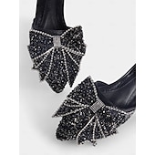 abordables Ballerines femme-mules plates noires à strass et nœud – parfaites pour les fêtes et les mariages