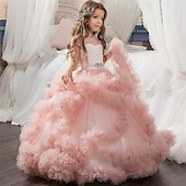 baratos Vestidos floridos-Vestido para Meninas das Flores Crianças Para Meninas Vestido de princesa Espetáculo Casamento Festa Elegante Lindo Com Transparência Côr Sólida Sem Manga Ombro a Ombro Branco Rosa 4 anos +