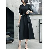 preiswerte Cocktailkleider-A-Linie Cocktailkleider Elegantes Kleid Formal Knöchellang Halbe Ärmel V-Ausschnitt Tasche Satin mit Schleife(n) Kleidern