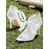 ieftine Casual-papuci de damă din dantelă albă cu vârf deschis la gleznă cu cravată panglică din satin – pantofi de mireasă eleganți cu toc înalt pentru mirese