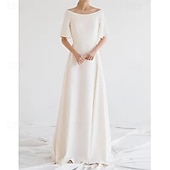 cheap Wedding Dresses-Boho Wedding Dresses A-Line Scoop Neck Off Shoulder Half Sleeve Sweep / Brush Train Stretch Fabric Bridal Suits Bridal Gowns With Solid Color 2025