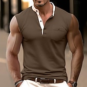 levne Tílka na cvičení-Pánské Bez rukávů Tričko Henley Vesta Top Tílka Bez rukávů Henley Léto Bez vzoru Módní Designové Sval Knoflíky Venkovní Jdeme ven Posilovna Černá Vodní modrá Hnědá Top tričko pro muže