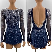 abordables Robes de Patinage Artistique-Robe de Patinage Artistique Femme Fille Patinage Robes bleu marine Patchwork Dos ouvert Maille Spandex Elastique Entraînement Professionnel Compétition Tenue de Patinage Cristal / Stras manche longue