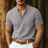 economico Strada-Per uomo Camicia camicia di lino Camicia con colletto a fascia Camicia popover Camicia estiva Abbigliamento mare Liscio Da mare Informale Nero Bianco Rosa Blu marino Manica corta Henley Estate
