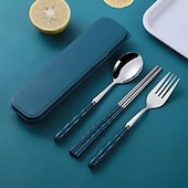 abordables Accessoires de camping-Ensemble d&#039;ustensiles de camping 3 en 1 en acier inoxydable avec couvercle en plastique réutilisable, ensemble de cuillères, fourchettes et baguettes portables pour pique-nique en camping
