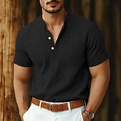 economico Strada-Per uomo Camicia camicia di lino Camicia con colletto a fascia Camicia popover Camicia estiva Abbigliamento mare Liscio Da mare Informale Nero Bianco Rosa Blu marino Manica corta Henley Estate
