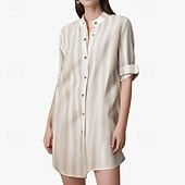 preiswerte Blusenkleider-Damen Minikleid blusenkleid Casual kleid Sommerkleid Stilvoll Brautkleider schlicht Urlaub Täglich Verabredung Regular Fit Streifen Langarm V Ausschnitt Schwarz Rosa Blau Khaki Sommer Frühling