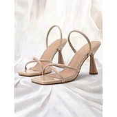 abordables Bal de promo-sandales à talons beiges à lanières et bout carré – talons hauts minimalistes pour femmes pour l&#039;été et les occasions formelles de bal