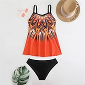 abordables Maillots une pièce et tankinis-Femme Tankini Maillot De Bain Deux Pièces Col en V Bretelles Croisées Maillots de Bain Maillots de Bain Orange Vert Respirable Séchage rapide Poids Léger Sans Manches - Natation Surf Plage Et