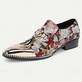 baratos Sapatos Sociais Elementares-mocassins masculinos de couro com estampa floral – sapatos sociais slip-on de couro bovino premium com corrente de metal e biqueira brilhante para festas e ocasiões formais